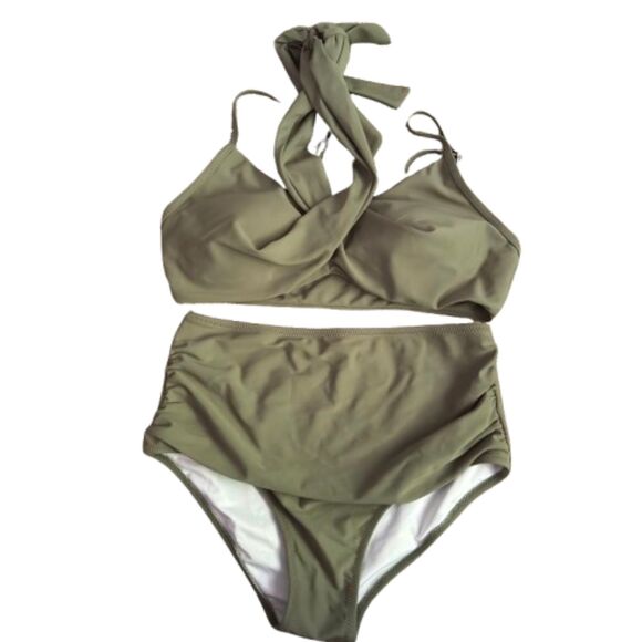 2 Piece Crisscross Strap Across Body Ruched Full Coverage Bottom Swimsuit Sm. #A - Picture 1 of 8